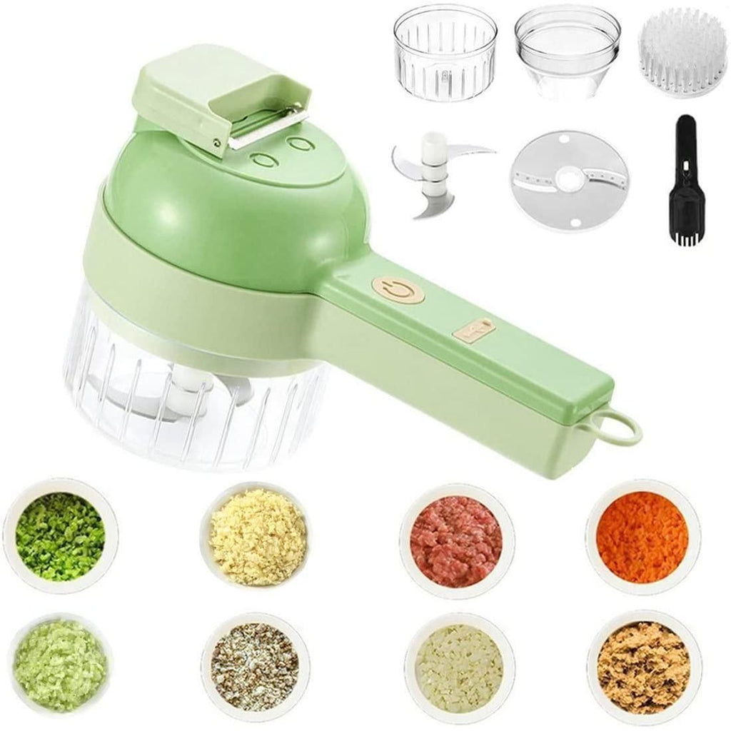 Green handheld food chopper with attachments and chopped ingredients on a white background