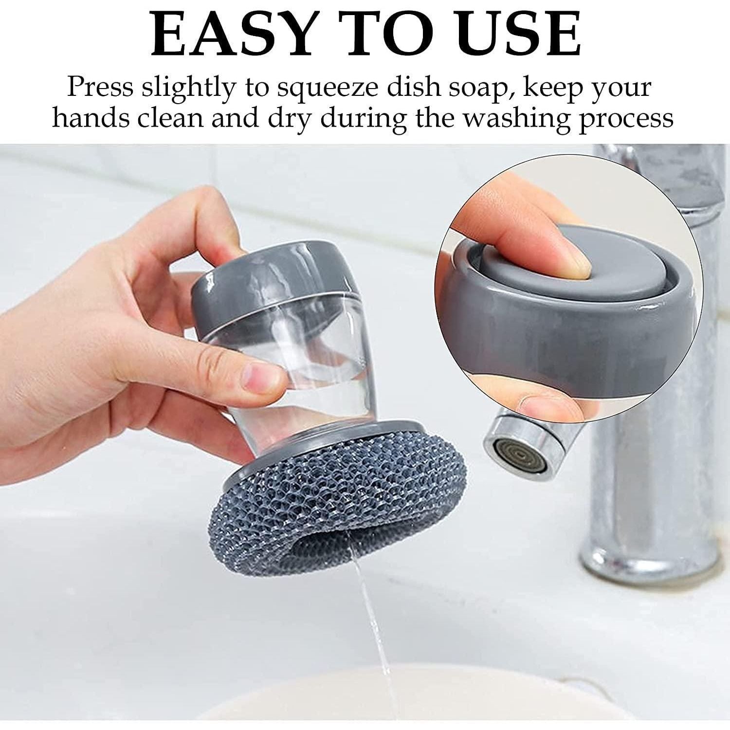 Ergonomic soap dispensing brush cleaning cookware