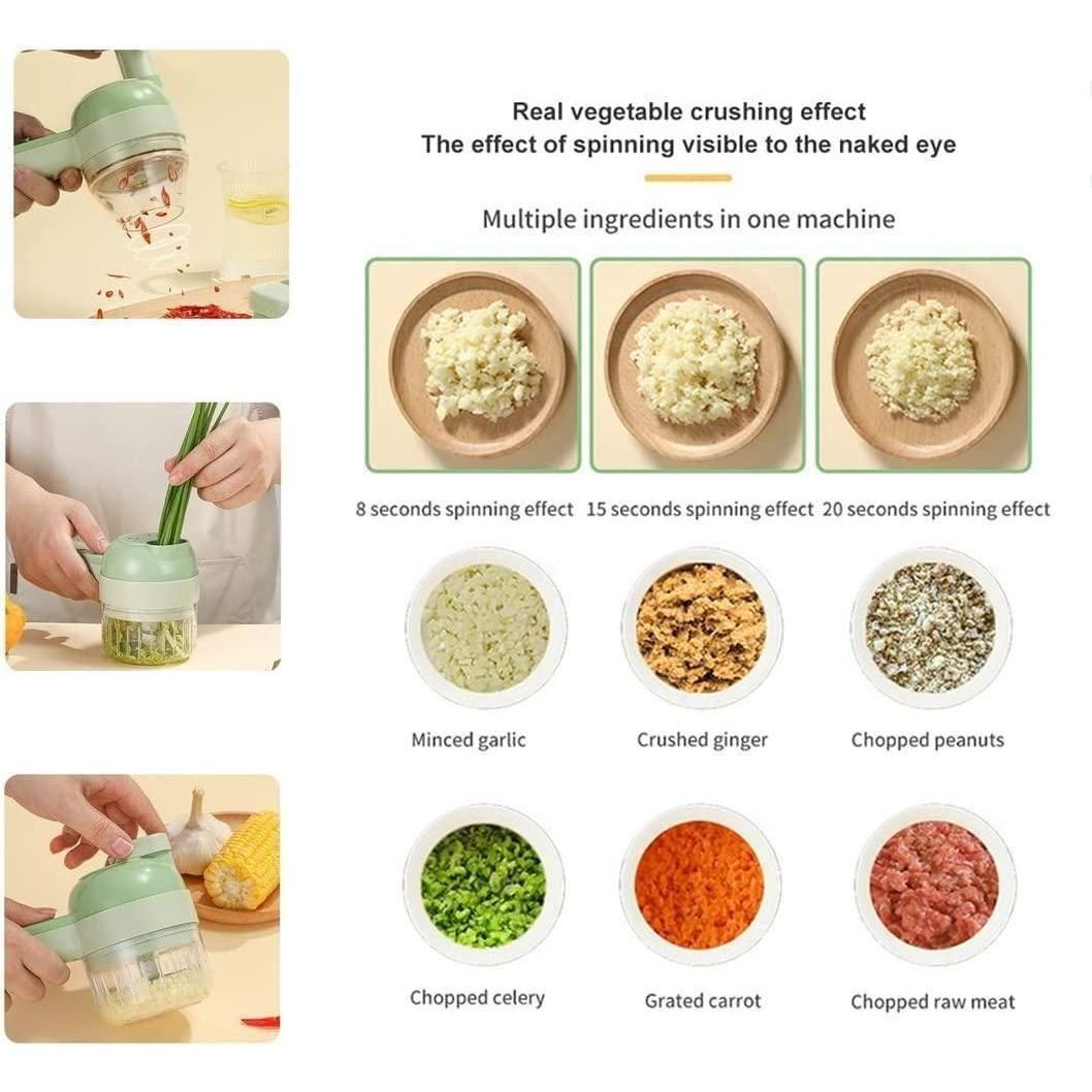 Product advertisement for a vegetable chopper showing various ingredients it can process.