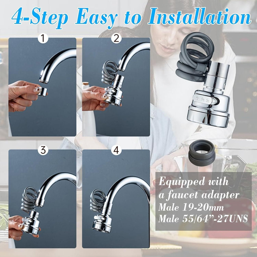 Step-by-step guide on installing a faucet adapter with text indicating easy installation.