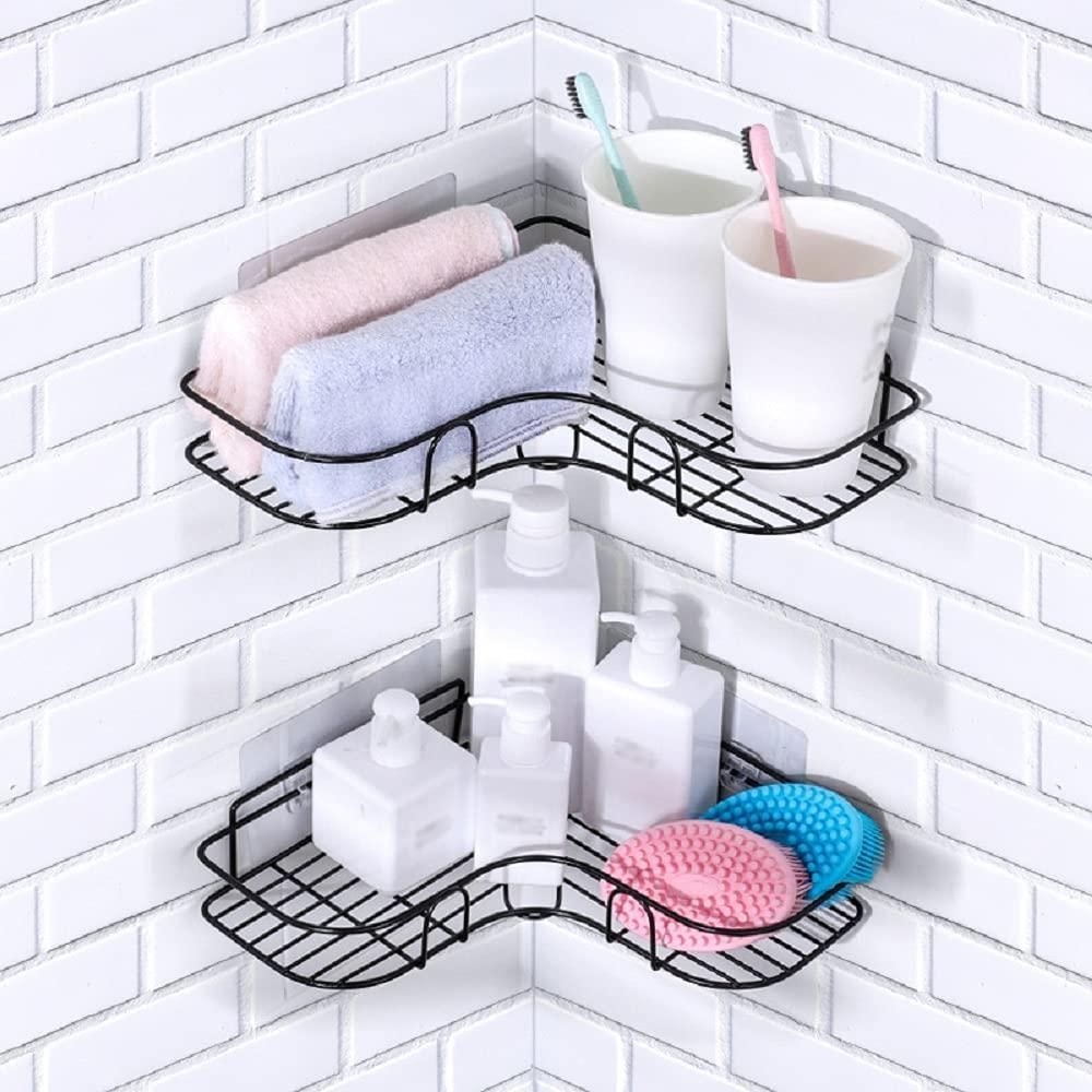 Corner rack shelf with soaps and bottles organized neatly