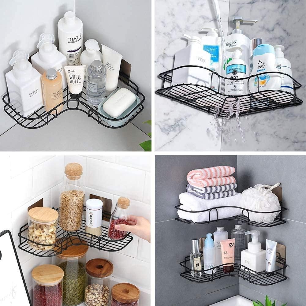 Bath essentials arranged on black metal corner rack