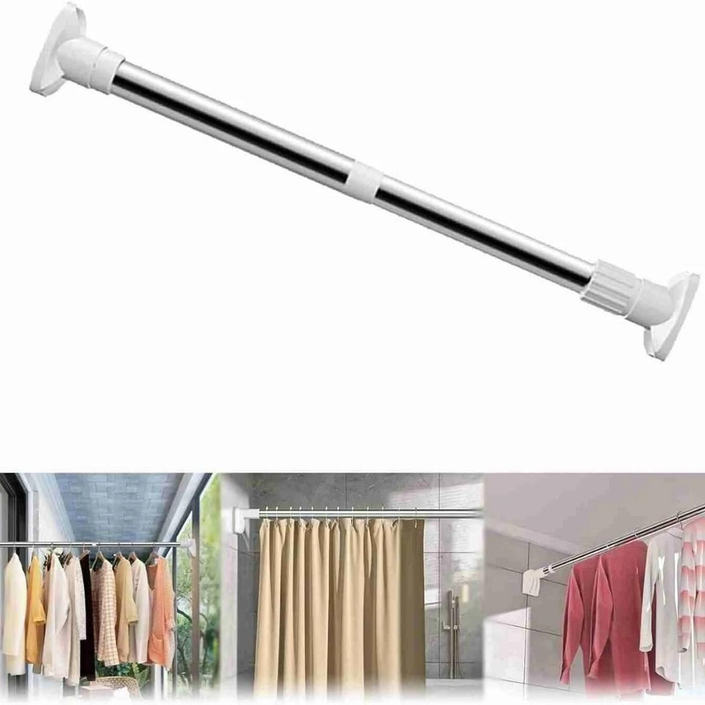 Curtain rod with various hanging items in a room setting