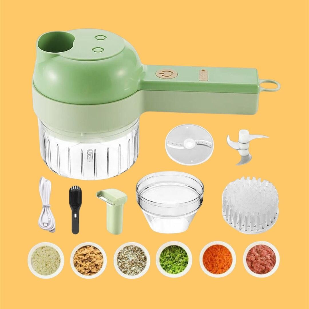 4-in-1 portable electric vegetable cutter with blades and accessories on yellow background